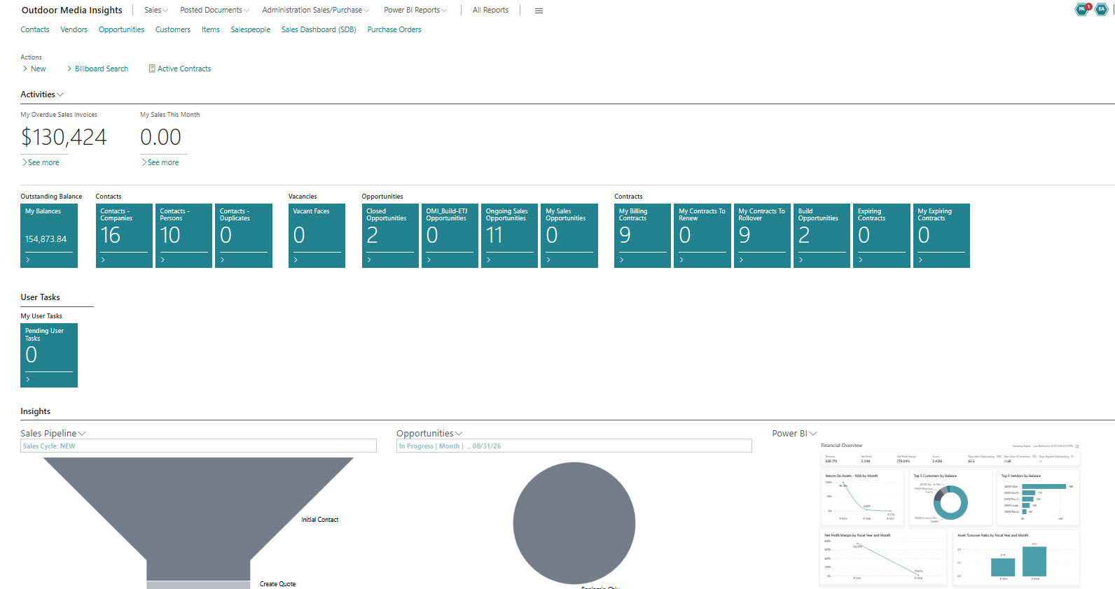 Outdoor Media Insights role center in Business Central showing activities, contracts, opportunities and sales pipeline